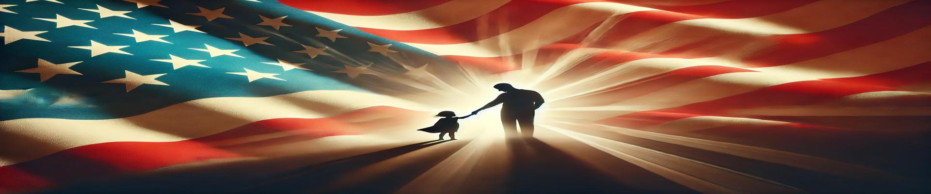 Banner background of sunrise on a waving American flag with the silhouette of a parent and child holding hands.